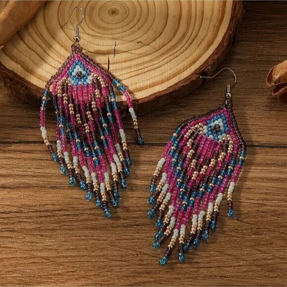 Colorful Beads Tassel Dangle Pink and Blue Earrings Retro Bohemian Style